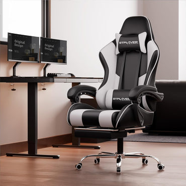Gaming Chair, Computer Chair with Footrest and Lumbar Support, Height Adjustable Game Chair with 360°-Swivel Seat and Headrest and for Office or Gaming (White)