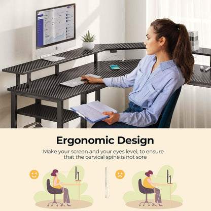 L Shaped Gaming Desk with LED Lights & Power Outlets, 53" Computer Desk with Full Monitor Stand & Storage Shelf, Corner Desk with Hooks, Carbon Fiber Desk Reversible