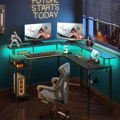 L Shaped Gaming Desk with LED Lights & Power Outlets, 53" Computer Desk with Full Monitor Stand & Storage Shelf, Corner Desk with Hooks, Carbon Fiber Desk Reversible