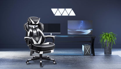 Gaming Chair with Footrest,Computer Chair for High Back and Massage,Big and Tall Gaming Chairs for Adults,Reclining Gamer Chair(Black/White)