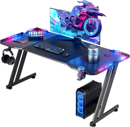 47 Inch Gaming Desk with LED Lights Carbon Fibre Surface Gaming Table Large Computer Desk Ergonomic Home Office Desks Z Shaped PC Gamer Workstations with Cup Holder & Headphone Hook