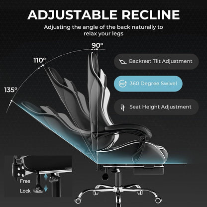 Gaming Chair, Computer Chair with Footrest and Lumbar Support, Height Adjustable Game Chair with 360°-Swivel Seat and Headrest and for Office or Gaming (White)