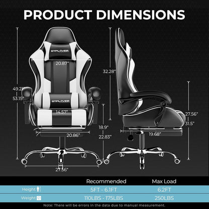 Gaming Chair, Computer Chair with Footrest and Lumbar Support, Height Adjustable Game Chair with 360°-Swivel Seat and Headrest and for Office or Gaming (White)
