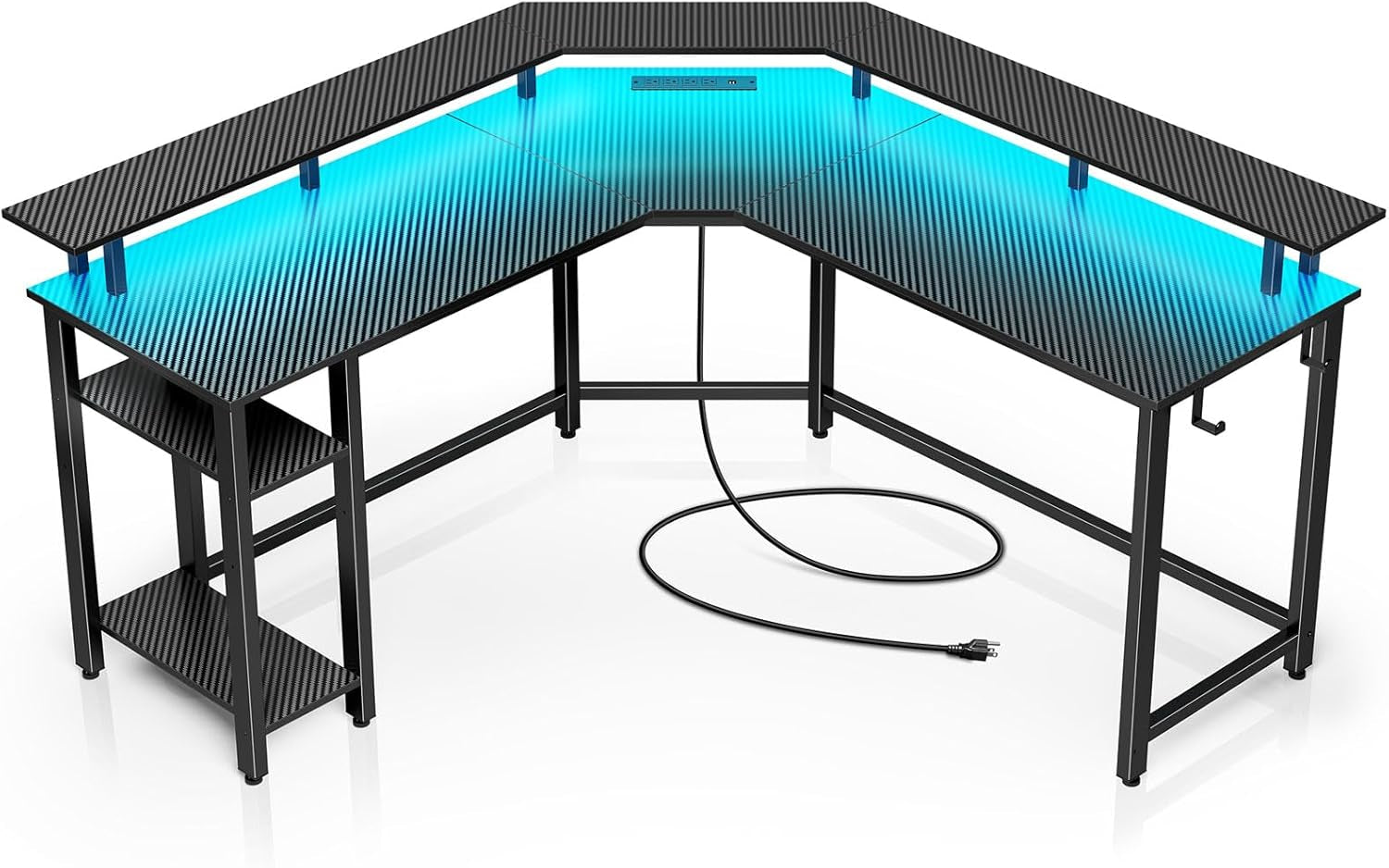 L Shaped Gaming Desk with LED Lights & Power Outlets, 53" Computer Desk with Full Monitor Stand & Storage Shelf, Corner Desk with Hooks, Carbon Fiber Desk Reversible