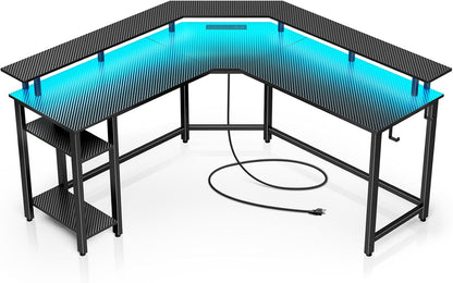L Shaped Gaming Desk with LED Lights & Power Outlets, 53" Computer Desk with Full Monitor Stand & Storage Shelf, Corner Desk with Hooks, Carbon Fiber Desk Reversible