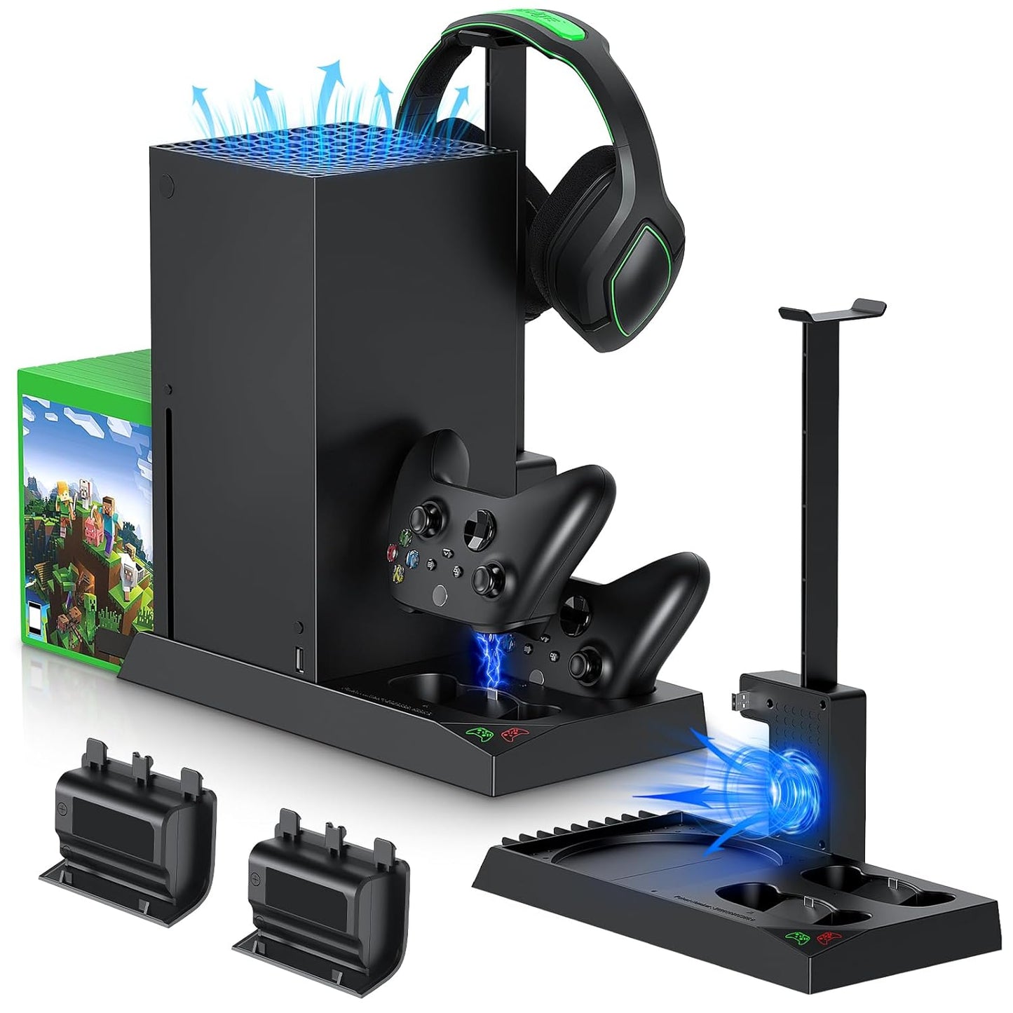 Cooling Fan & Charging Stand for Xbox Series X Console & Controller,Vertical Cooler System Dual Charger Station Dock Accessories with 2 X 1400Mah Rechargeable Battery for Xbox Series X