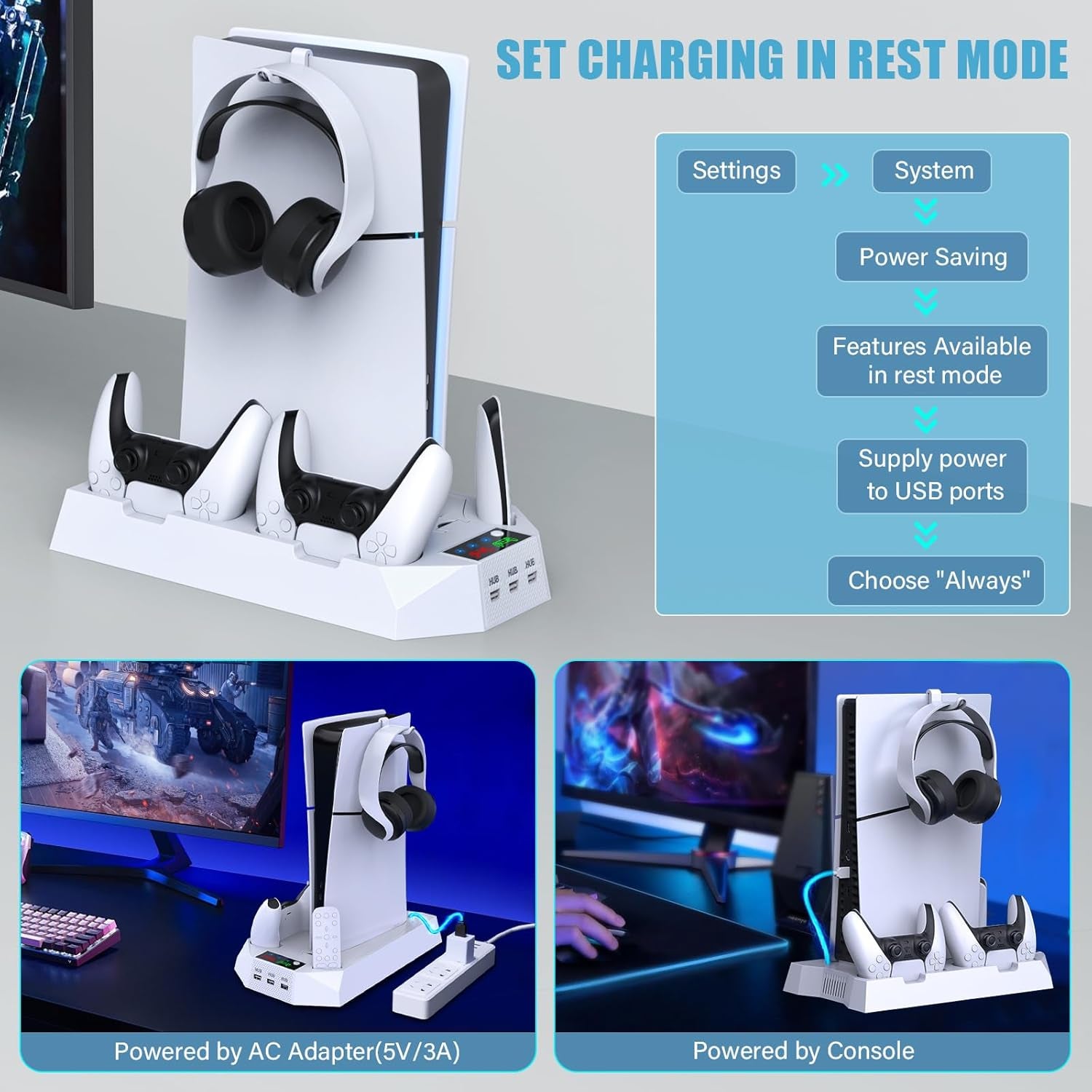 PS5/PS5 Slim/Ps5 Pro Stand and Cooling Station with Dual Controller Charging Station for Playstation 5 Console, PS5 Accessories Incl. Controller Charger, Cooling Fan, Headset Holder, 3 USB Hub, White