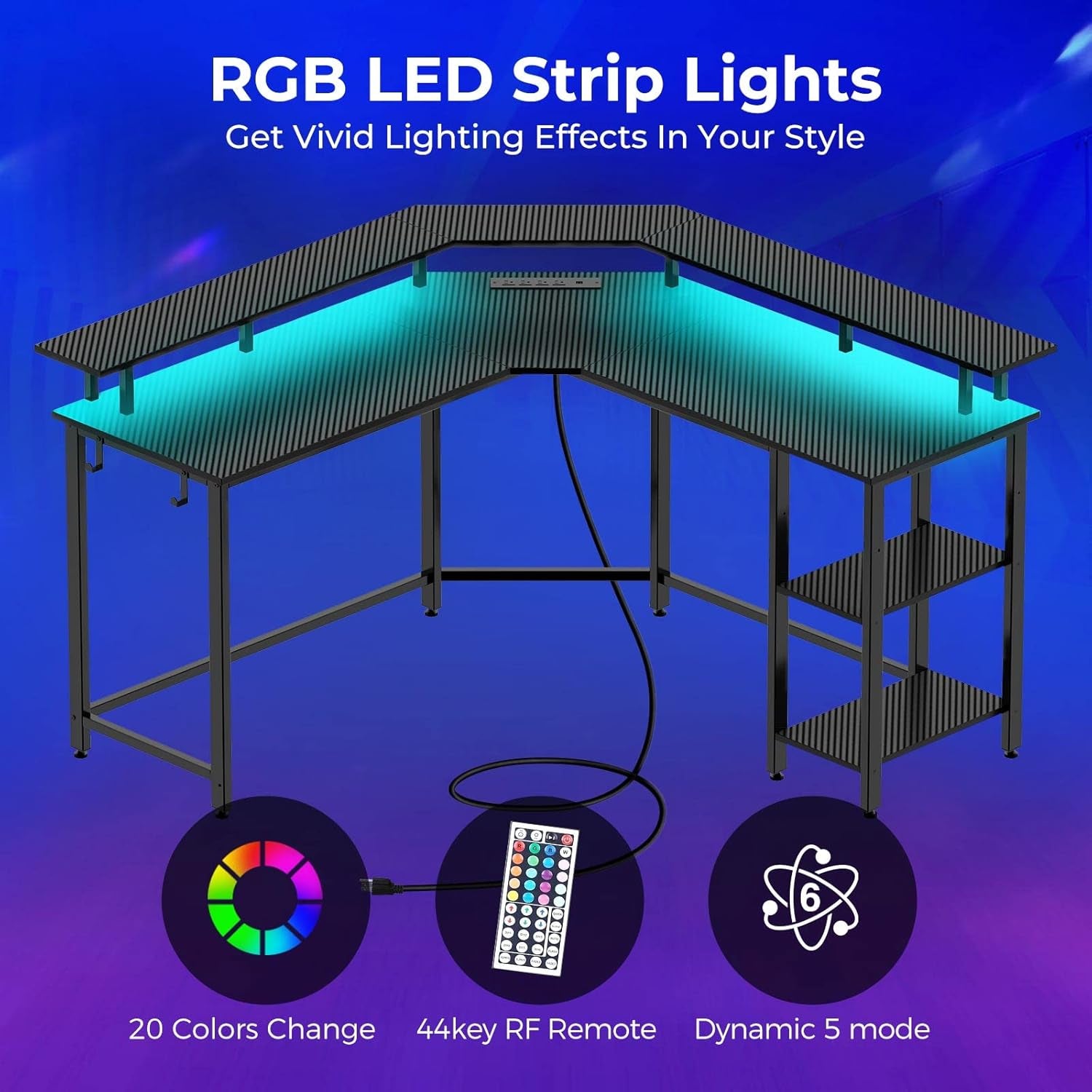 L Shaped Gaming Desk with LED Lights & Power Outlets, 53" Computer Desk with Full Monitor Stand & Storage Shelf, Corner Desk with Hooks, Carbon Fiber Desk Reversible