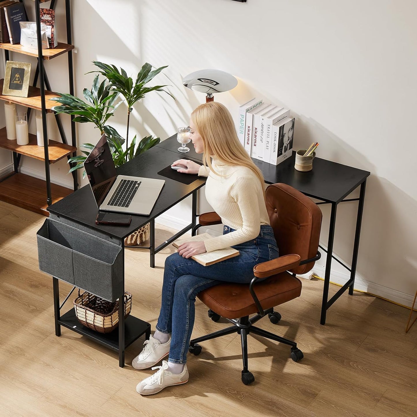 L Shaped Desk - Computer Desk Corner Desks Gaming Desk PC Table with CPU Stand Side Bag for Home Office Dorm Sturdy Writing Workstation, Black, 50-Inch