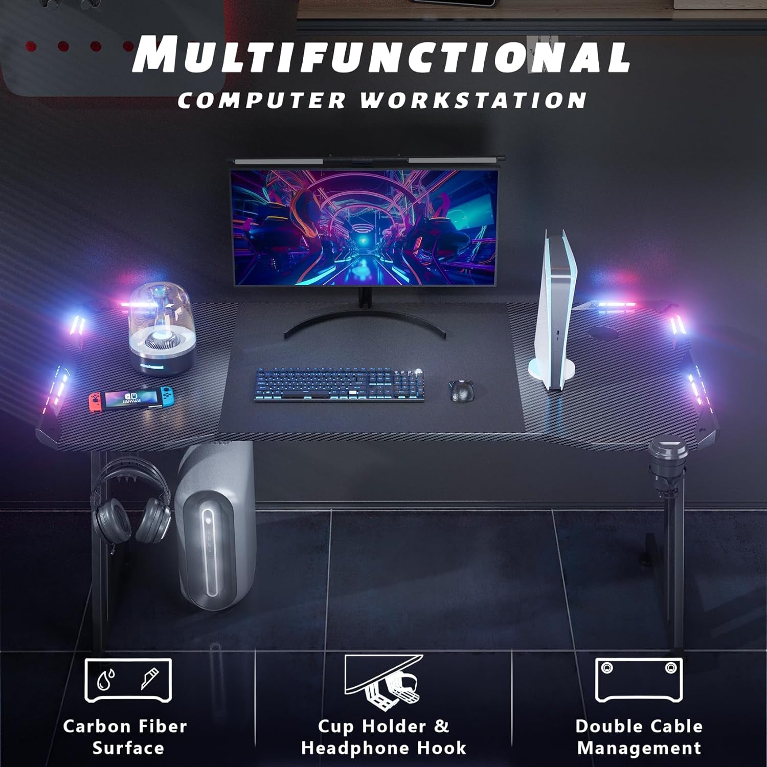 47 Inch Gaming Desk with LED Lights Carbon Fibre Surface Gaming Table Large Computer Desk Ergonomic Home Office Desks Z Shaped PC Gamer Workstations with Cup Holder & Headphone Hook