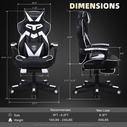 Gaming Chair with Footrest,Computer Chair for High Back and Massage,Big and Tall Gaming Chairs for Adults,Reclining Gamer Chair(Black/White)