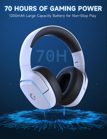 2.4Ghz Wireless Gaming Headsets for PS5, PS4, PC, Switch - Bluetooth 5.3 Gaming Headphones with Noise Canceling Mic, 7.1 Surround Sound, 70H Battery, Gaming Lighting - White
