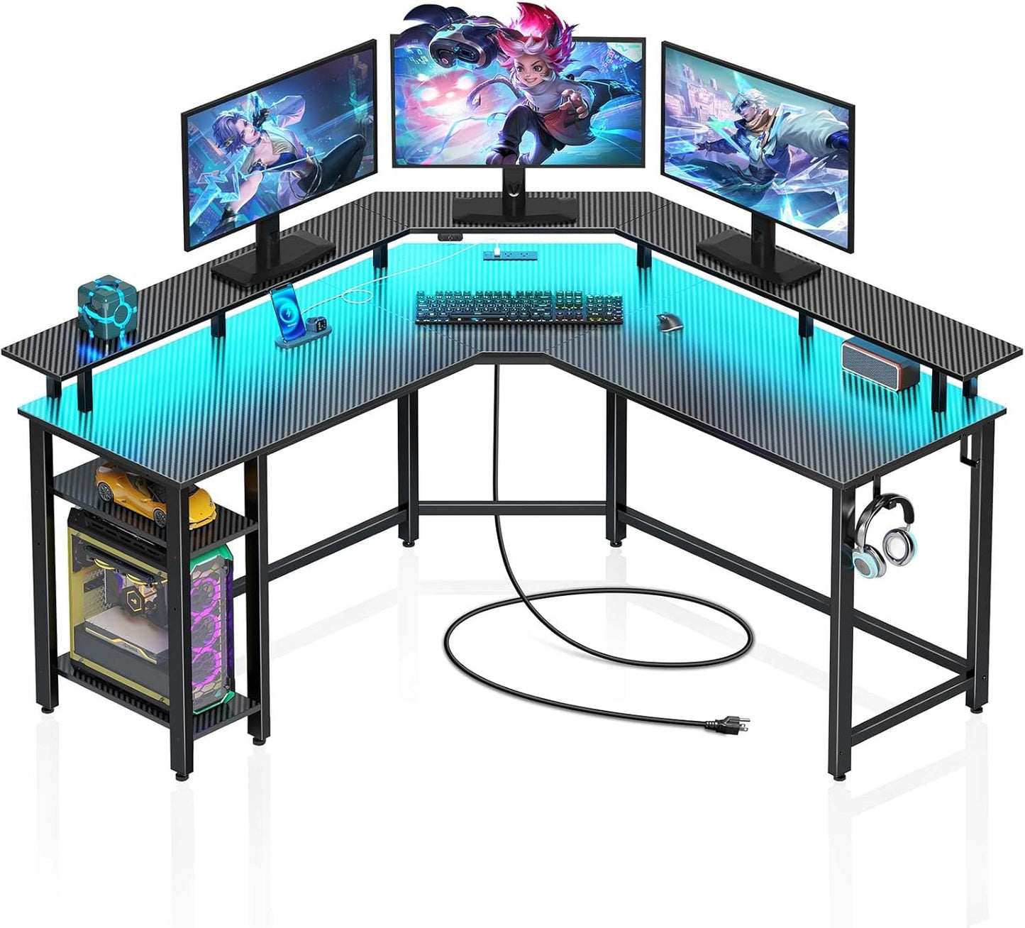 L Shaped Gaming Desk with LED Lights & Power Outlets, 53" Computer Desk with Full Monitor Stand & Storage Shelf, Corner Desk with Hooks, Carbon Fiber Desk Reversible