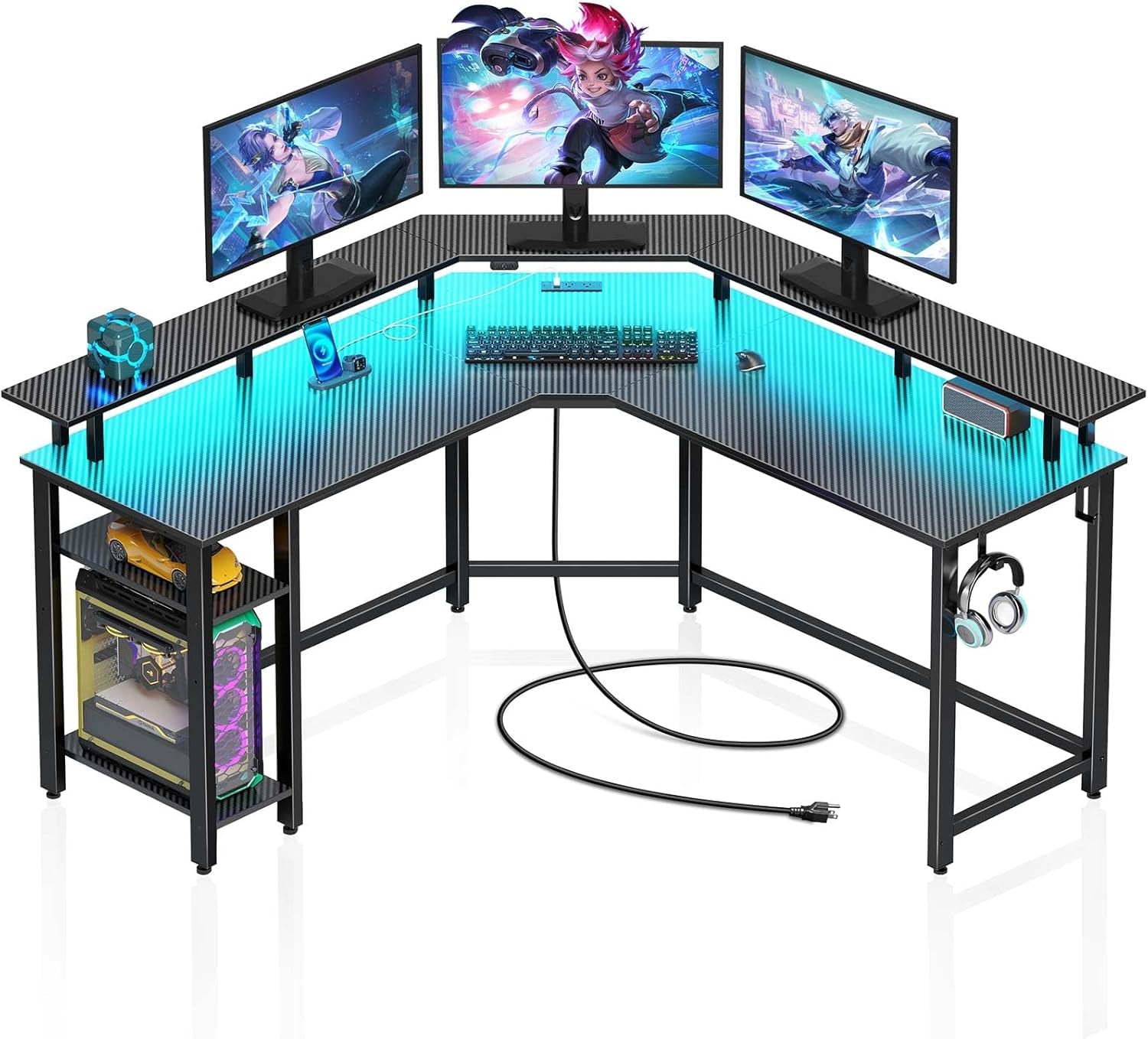 L Shaped Gaming Desk with LED Lights & Power Outlets, 53" Computer Desk with Full Monitor Stand & Storage Shelf, Corner Desk with Hooks, Carbon Fiber Desk Reversible