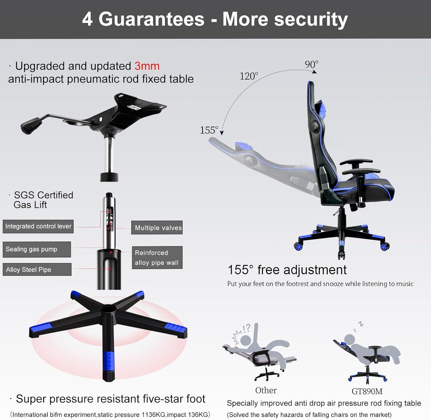 Gaming Chair with Speakers Bluetooth Music Video Game Chair Audio Ergonomic Design Heavy Duty Office Computer Desk Chair（Blue）