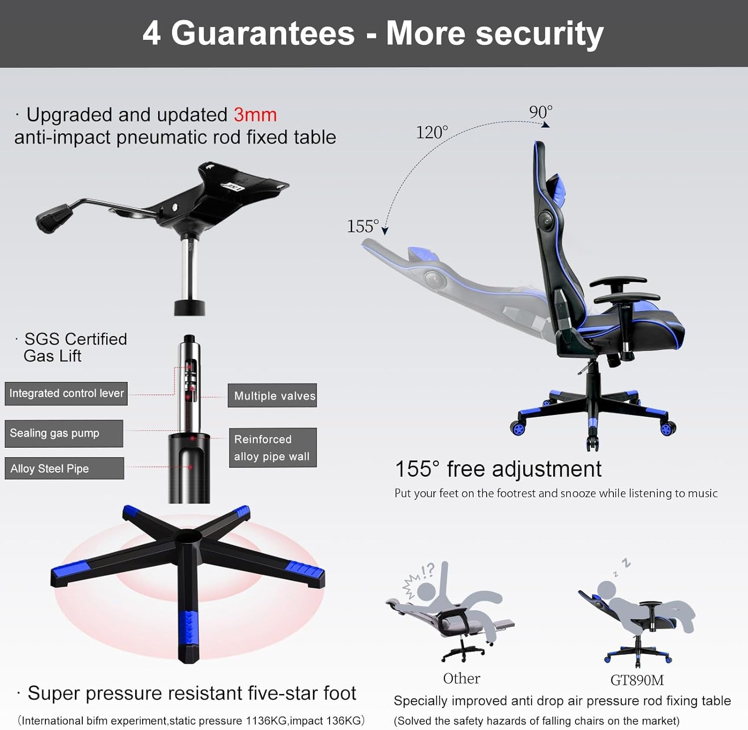 Gaming Chair with Speakers Bluetooth Music Video Game Chair Audio Ergonomic Design Heavy Duty Office Computer Desk Chair（Blue）