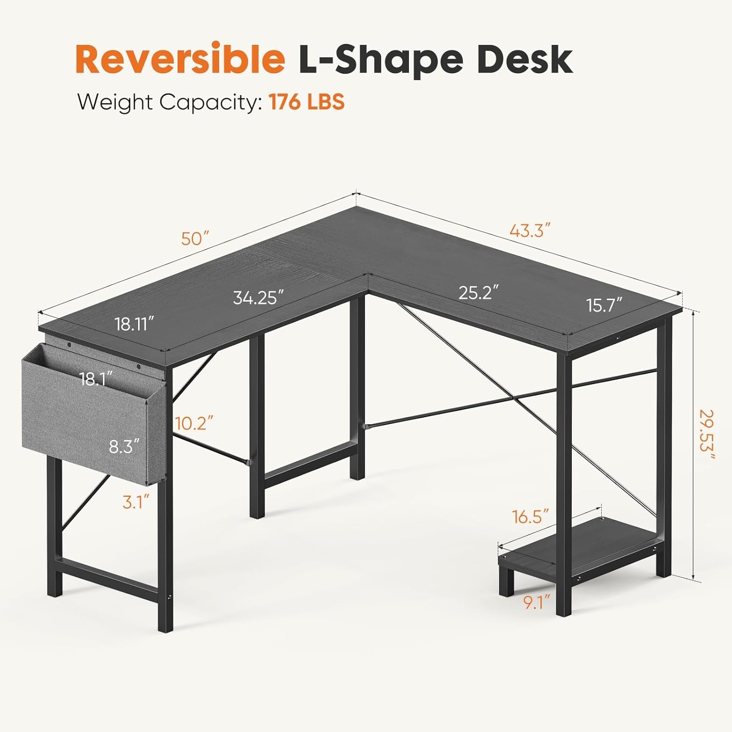 L Shaped Desk - Computer Desk Corner Desks Gaming Desk PC Table with CPU Stand Side Bag for Home Office Dorm Sturdy Writing Workstation, Black, 50-Inch