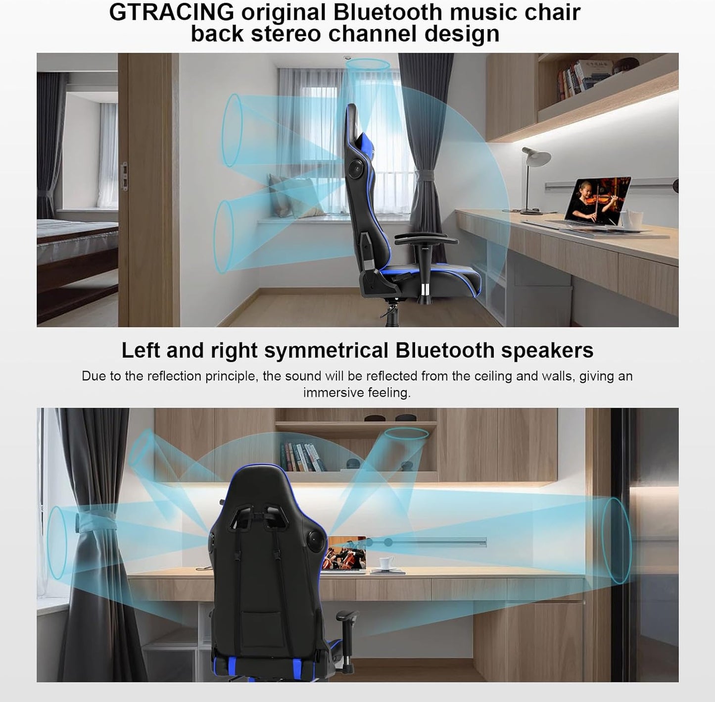 Gaming Chair with Speakers Bluetooth Music Video Game Chair Audio Ergonomic Design Heavy Duty Office Computer Desk Chair（Blue）