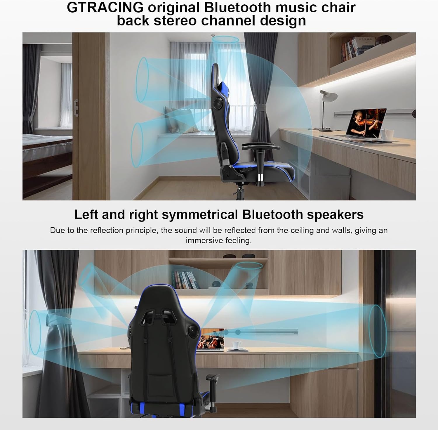 Gaming Chair with Speakers Bluetooth Music Video Game Chair Audio Ergonomic Design Heavy Duty Office Computer Desk Chair（Blue）