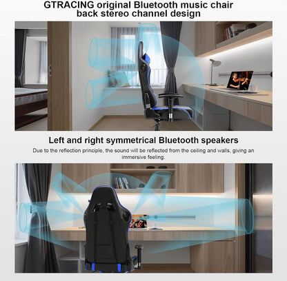 Gaming Chair with Speakers Bluetooth Music Video Game Chair Audio Ergonomic Design Heavy Duty Office Computer Desk Chair（Blue）