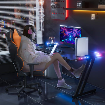 47 Inch Gaming Desk with LED Lights Carbon Fibre Surface Gaming Table Large Computer Desk Ergonomic Home Office Desks Z Shaped PC Gamer Workstations with Cup Holder & Headphone Hook