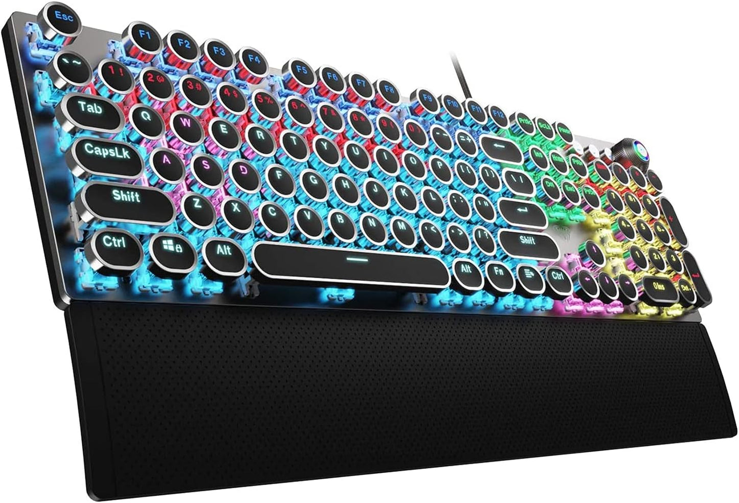 F2088 Typewriter Style Mechanical Gaming Keyboard Blue Switches,Rainbow LED Backlit,Removable Wrist Rest,Media Control Knob,Retro Punk round Keycaps,Usb Wired Computer Keyboard