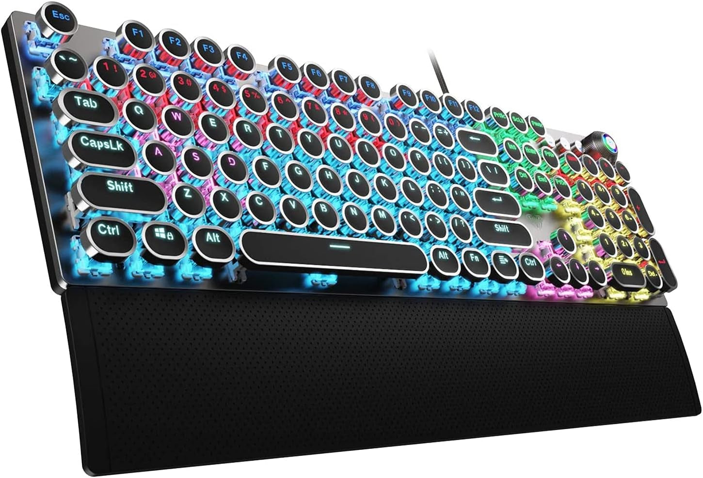 F2088 Typewriter Style Mechanical Gaming Keyboard Blue Switches,Rainbow LED Backlit,Removable Wrist Rest,Media Control Knob,Retro Punk round Keycaps,Usb Wired Computer Keyboard