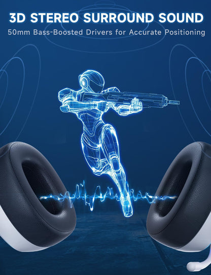 2.4Ghz Wireless Gaming Headsets for PS5, PS4, PC, Switch - Bluetooth 5.3 Gaming Headphones with Noise Canceling Mic, 7.1 Surround Sound, 70H Battery, Gaming Lighting - White
